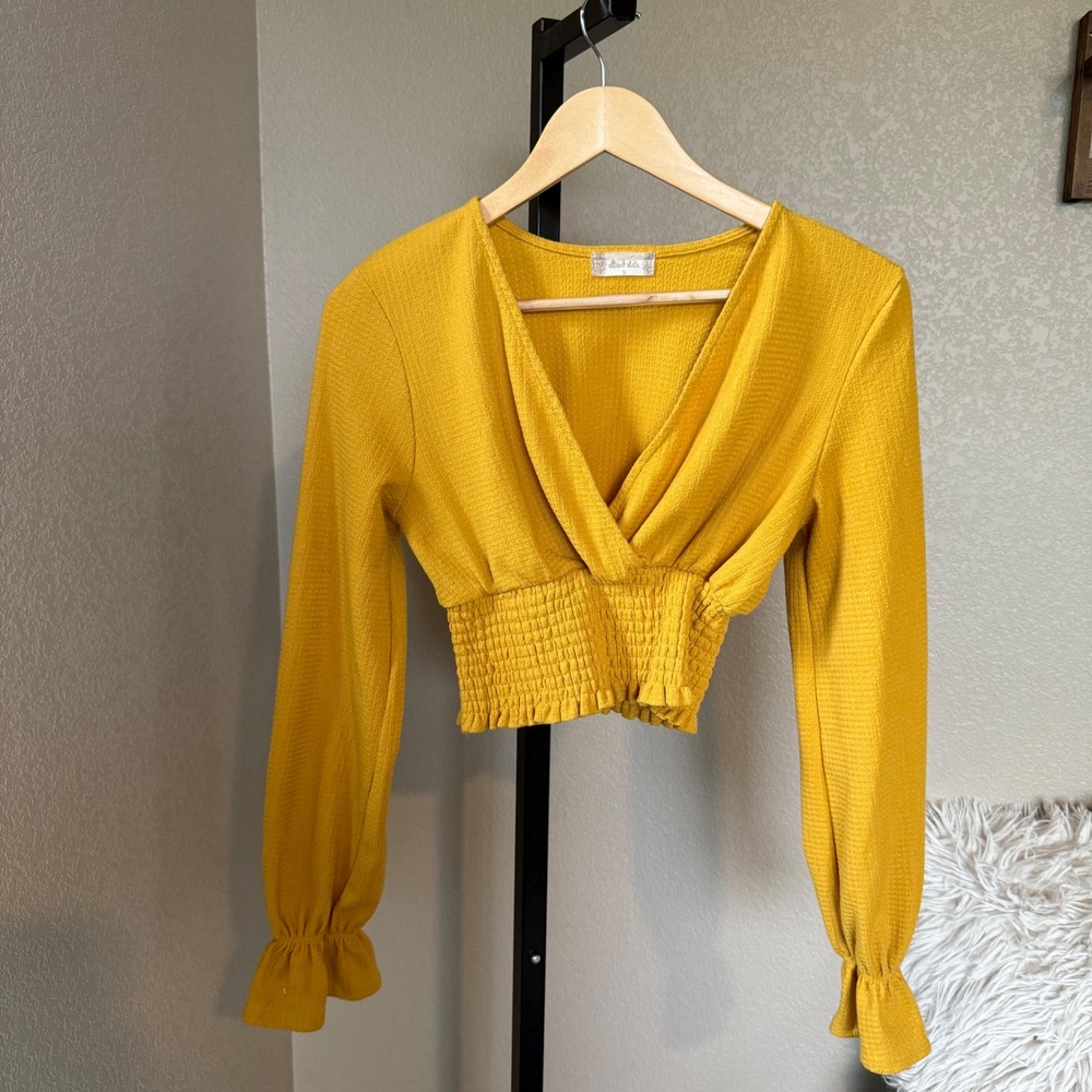 Altard‎ State Crop Top Smocked Waist Long Sleeve Blouse Yellow Size S
